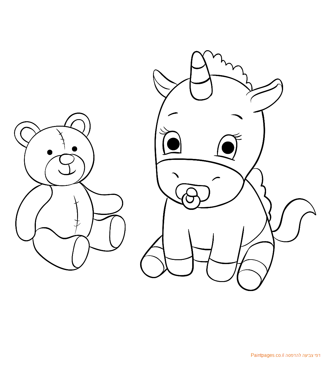 דף צביעה חד קרן תינוק עם דובי