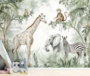 איור של ג'ונגל עם ג'ירפה פיל זברה וקופים על ענפים מתאימים לדפי צביעה לילדים שרוצים יצירה ופעילות מהנה עם חיות בסביבה טבעית