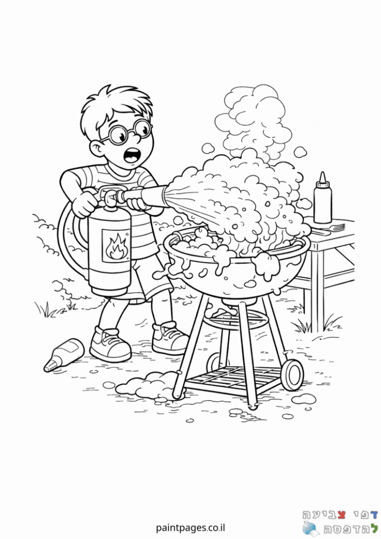ילד משתמש במטף כיבוי לכבות גריל לוהט בגינה דפי צביעה לילדים פעילות יצירה מהנה להורדה והדפסה בחינם ציורים לילדים חובבי צביעה