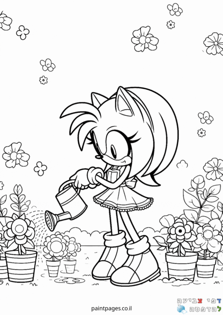 דף צביעה בשחור לבן לילדים עם דמות מצוירת שמשקה פרחים בגינה מתאים לילדים שאוהבים יצירה וצביעה פעילות יצירה מהנה