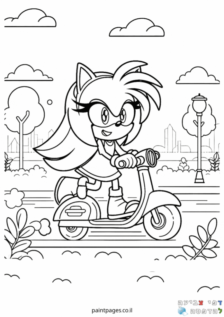 דמות מצוירת על קטנוע בפארק דפי צביעה לילדים שחור לבן יצירה וצביעה להדפסה כיף יצירתי לילדים שאוהבים צביעה וחיות מצוירות