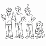 דף צביעה לילדים להדפסה עם ארבעה ילדים, אחד עם ספר, שני שואל שאלה, שלישי מהרהר ורביעי עם דובון. פעילות יצירה מהנה לילדים.