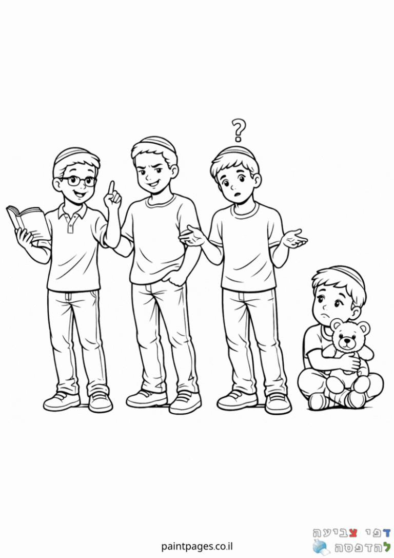 דף צביעה לילדים להדפסה עם ארבעה ילדים, אחד עם ספר, שני שואל שאלה, שלישי מהרהר ורביעי עם דובון. פעילות יצירה מהנה לילדים.