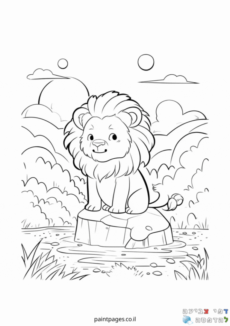 אריה קטן עומד על אבן בנהר לצביעה
