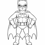 דף צביעה לילדים עם גיבור על ידיים על המותניים לבוש גלימה ומסיכה שחור לבן להדפסה מתאים לפעילות יצירה ועידוד חשיבה יצירתית