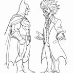 דף צביעה של שני גיבורים מפורסמים מתחום הקומיקס בעמידה זה מול זה. מיועד לילדים שאוהבים פעילות יצירה וחובבי דפי צביעה לילדים.