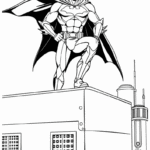 דמות גיבור על ניצב על גג בניין עם גלימה מתנפנפת ברוח בציור שחור לבן להדפסה ילדים שאוהבים דפי צביעה מקוריים ופעילות יצירה