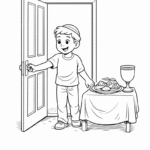 ילד מחייך פותח דלת עם שולחן ערוך בציור שחור לבן דף צביעה מקור להדפסה מתאים לילדים שאוהבים לצבוע דפי צביעה יצירה והנאה