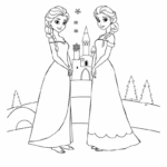 ילדות אוהבות דפי צביעה עם נסיכות עומדות ליד טירה בשלג מתאים לפעילות יצירה וצביעה לאתר דפי צביעה לילדים להדפסה חינם