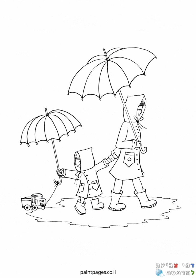 דף צביעה אמא וילד הולכים בגשם