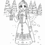 דף צביעה עם נסיכה ביער עם פנסים ונתיב. פעילות יצירה מושלמת לילדים שאוהבים להרפתקאות ולצבוע דמויות קסומות ודפי צביעה לילדים.