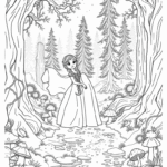 דף צביעה לילדים עם נסיכה ביער קסום עצים פטריות ונחל מושלם לילדים שאוהבים יצירה וצביעה פעילות מהנה ונפלאה להדפסה ולהעשרה