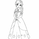 דמות מצוירת של נסיכה בשמלה מפוארת עם שיער קלוע דף צביעה לילדים מתאים להדפסה יצירה וצביעה מושלם לפיתוח היצירתיות