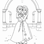 דף צביעה לילדים עם שתי דמויות מצוירות תחת קשת, בדף שחור לבן להדפסה, מתאים לפעילות יצירה וצביעה, אתר דפי צביעה לילדים