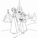 דף צביעה עם דמויות מצוירות של נסיכות ליד טירה ויער מושלג ציור בשחור לבן להדפסה לילדים שאוהבים צביעה ויצירה דפי צביעה לילדים
