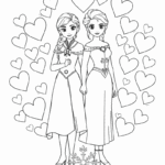 ילדות מציירות תמונת נסיכות אפנתיות מוקפות בלבבות להדפסה וצביעה דפי צביעה לילדים פעילות יצירתית מהנה לפיתוח דמיון דמויות חורף קסם