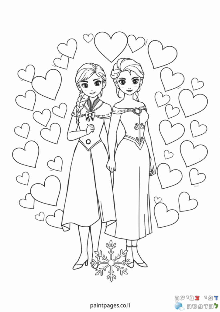 דף צביעה אנה ואלזה עם לבבות