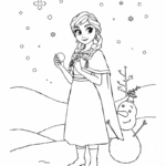 ילדה עם צמות מחזיקה כדור שלג ליד בובת שלג מחייכת ברקע פתיתי שלג דף צביעה לילדים חורף והנאה יצירתיות והדפסה