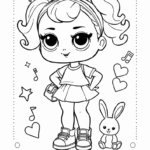 דף צביעה לילדים תמונת ילדה מצוירת עם קוקיות לצד ארנב תווים כוכבים ולבבות מתאים להדפסה ויצירה מושלמת לפעילות צביעה עבור ילדים יצירתיים