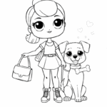 ילדה עם תיק מחזיקה יד עם כלב שמח עם עצם ליצירה וצביעה דפי צביעה לילדים פעילות מהנה לילדים שאוהבים ציור והדפסה