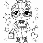 דף צביעה לילדים דמות חמודה עם משקפיים גדולים קשת בשיער ותיק יד לב גדול כוכבים ותו מוזיקלי. מושלם לילדים שאוהבים יצירה וצביעה.