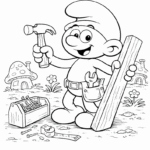 ילד מחזיק פטיש ולוח עץ ליד בית פטריה ציור שחור לבן לדפי צביעה לילדים פעילות יצירתית וצביעה אידיאלית לפיתוח יצירתיות והנאה