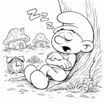 דף צביעה שחור לבן של דמות מצויירת ישנה תחת עץ עם שעון מעורר ומבנים ברקע מתאים לילדים חובבי יצירה וצביעה דפי צביעה לילדים להדפסה