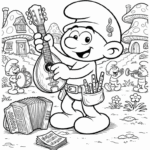 דף צביעה שחור לבן עם דמויות מצוירות בכפר פטריות מנגנות בגיטרה ותופים מתאים לילדים שאוהבים יצירה צביעה והדפסה חינוכית שמחה