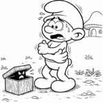 דף צביעה לילדים דמות קרטון מפחדת מול קופסה פתוחה בגינה מתאים לפעילות יצירה מהנה להדפסה בבית ציורים שחור לבן4558