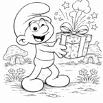 דמות מצוירת עומדת עם מתנה צבעונית ברקע פטריות ופרחים דף צביעה לילדים חובבי יצירה והדפסה מתאים לפיתוח כישורי צביעה ודמיון