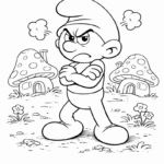 דף צביעה לילדים מציג דמות מצוירת כועסת עם זרועות שלובות ביער עם בתי פטריות מתאים לפעילות יצירה וצביעה מהנה להדפסה