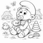 דף צביעה לילדים עם דמות תינוק מחזיק בדובון, ברקע טבע וכפר קסום, אידיאלי לילדים שאוהבים יצירה וצביעה, מתאים לכל הגילאים.