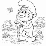 דף צביעה לילדים עם גמד אנימציה מחזיק במקל ברקע פרפר ובתי פטריות מתאים לפעילות יצירה בבית להדפסה והנאה באתר דפי צביעה מקוריים