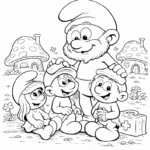 דף צביעה של דמויות מצוירות יושבות ליד בית פטריה מתאים לילדים שאוהבים יצירה וצביעה להדפסה לשימוש אישי ולא חינוכי אתגרי