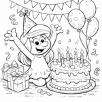 ילדה עם כובע מסיבה חוגגת יום הולדת עם עוגה בלונים וקישוטים ברקע דפי צביעה לילדים יצירה ופעילות להדפסה ציורים בשחור לבן