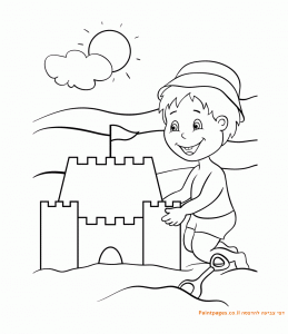 דף צביעה ילד בונה ארמון בחול להדפסה