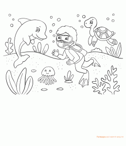 דף צביעה ילד צולל עם חיות ים