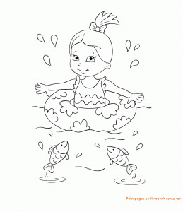 דף צביעה ילדה עם גלגל שוחה בים