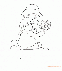 דף צביעה ילדה קוטפת פרחים