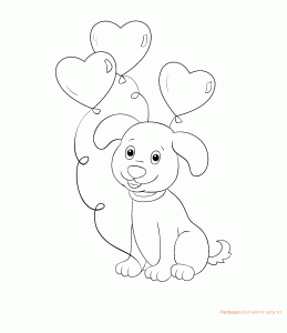 דף צביעה כלב חמוד מחזיק בלוני לב