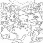 כפר פטריות עם דמויות היכן שמדורות דולקות. דפי צביעה לילדים ציור שחור לבן להדפסת פעילות יצירה וצביעה חינם במחשב או בטאבלט