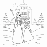 דמות מצוירת עם שמלה ליד טירה ועצים ברקע מושלג באתר דפי צביעה מקוריים פעילות יצירה וצביעה לילדים דפי צביעה של דמויות לילדים