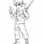 דף צביעה לילדים דמות אנימה בלבוש קרבי עם חרב ומגני זרוע מושלם לפעילות יצירה מהנה באתר דפי צביעה להדפסה ציורים מקוריים