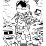 דף צביעה לילדים עם לוחם חייזר בעולם דמיוני בחליפת קרב רובה מסוק וציוד עתידני מתאים לאוהבי צביעה ופעילות יצירה