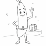 דף צביעה לילדים בדמות בננה מאוירת מחייכת עומדת ליד מתנה מושלמת לפעילות יצירה וצביעה בבית או בגן ילדים שאוהבים לצבוע תהנו