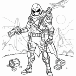 דף צביעה לילדים בדמות לוחם עם חליפת שריון ונשק ברקע הרים ומטוס יוצרי ילדים דפי צביעה מקוריים להדפסה פעילויות יצירה וצביעה