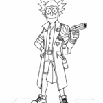 דמות מדען מצוירת בשחור לבן עם שיער קוצני ותלבושת ייחודית אוחזת כלי מיוחד דף צביעה לילדים יצירה ופעילות מהנה להדפסה