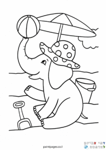 דף צביעה פיל חמוד משחק בחוף הים