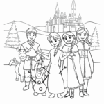 דמויות מצוירות מפורסמות ליד טירה ברקע דף צביעה מהנה לילדים שאוהבים יצירה ופעילות אמנותית מתאים להדפסה ולשעות של כיף יצירתי