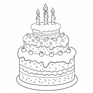 איור שחור לבן של עוגת יום הולדת עם שלוש קומות ושלושה נרות להדפסה וצביעה מתאים לילדים בכל הגילאים שאוהבים פעילות יצירה וצביעה